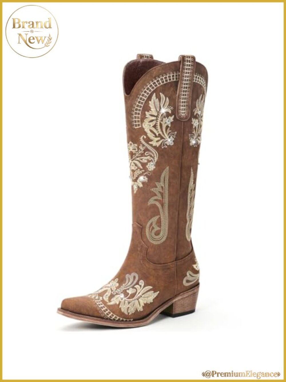 Western Cowgirl Boots Knee High Rhinestone Embroidered Chunky Heel